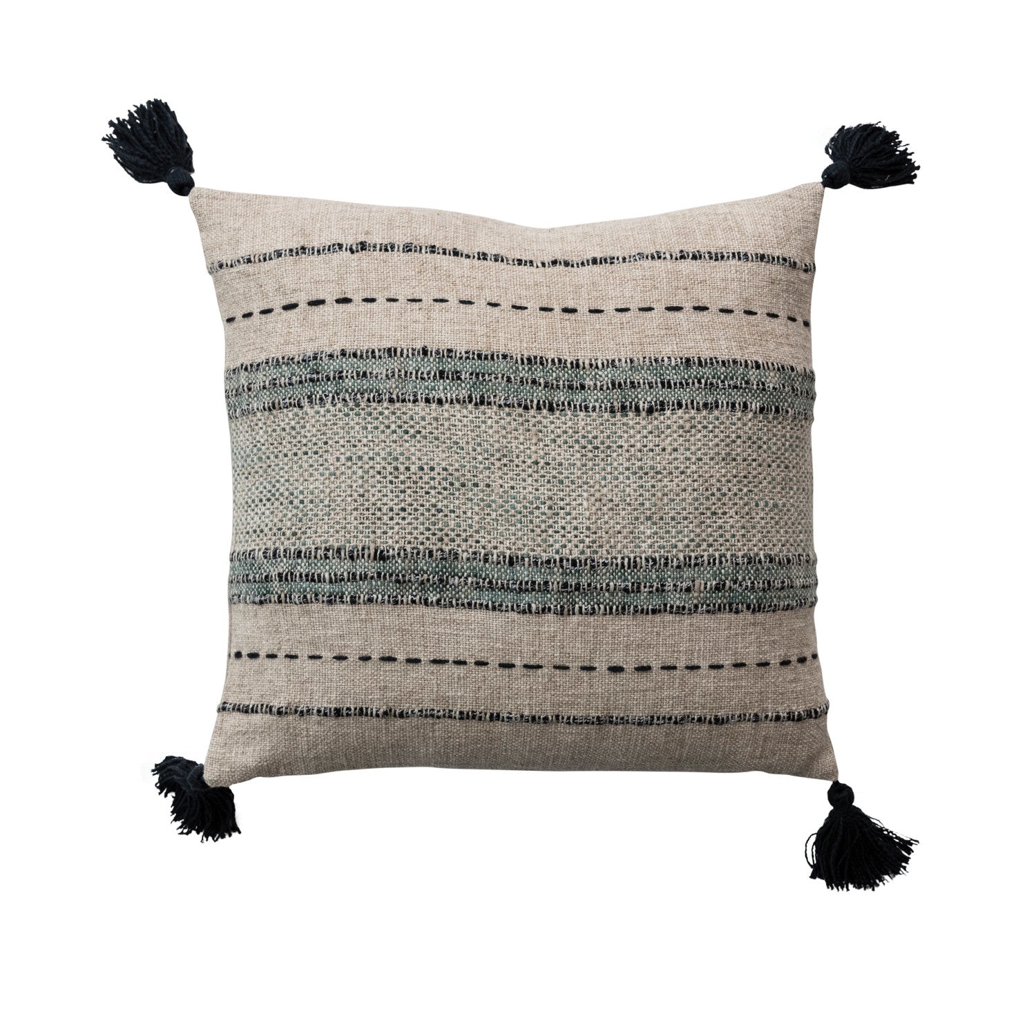 Pillow Embroidered Stripes Cotton & Linen Blend Natural Black & Green 18" Square by Homeportonline
