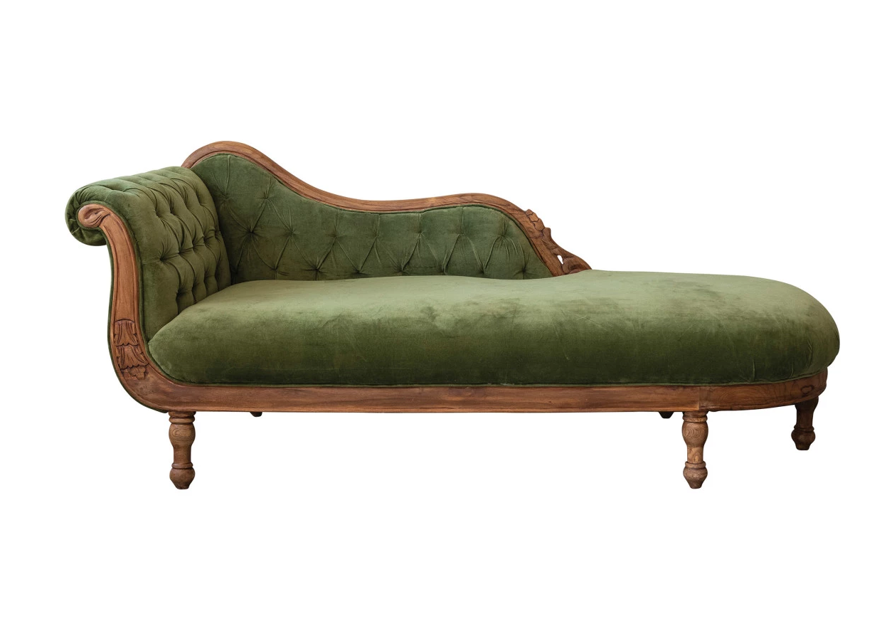 Chaise Lounge Fainting Couch Green Velvet with a Carved Wood Frame by Homeportonline