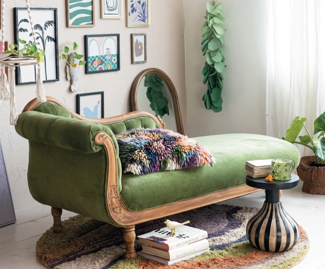 Chaise Lounge Fainting Couch Green Velvet with a Carved Wood Frame by Homeportonline
