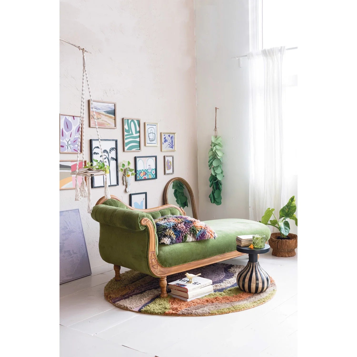 Chaise Lounge Fainting Couch Green Velvet with a Carved Wood Frame by Homeportonline