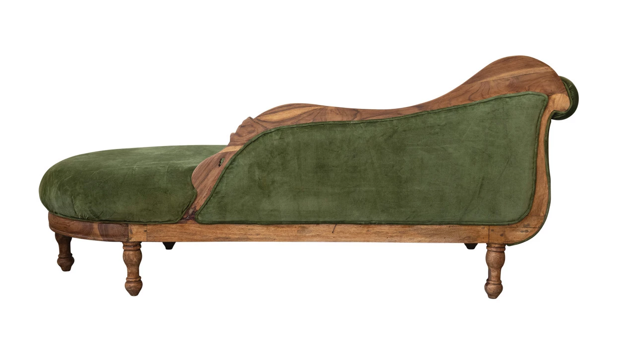 Chaise Lounge Fainting Couch Green Velvet with a Carved Wood Frame by Homeportonline
