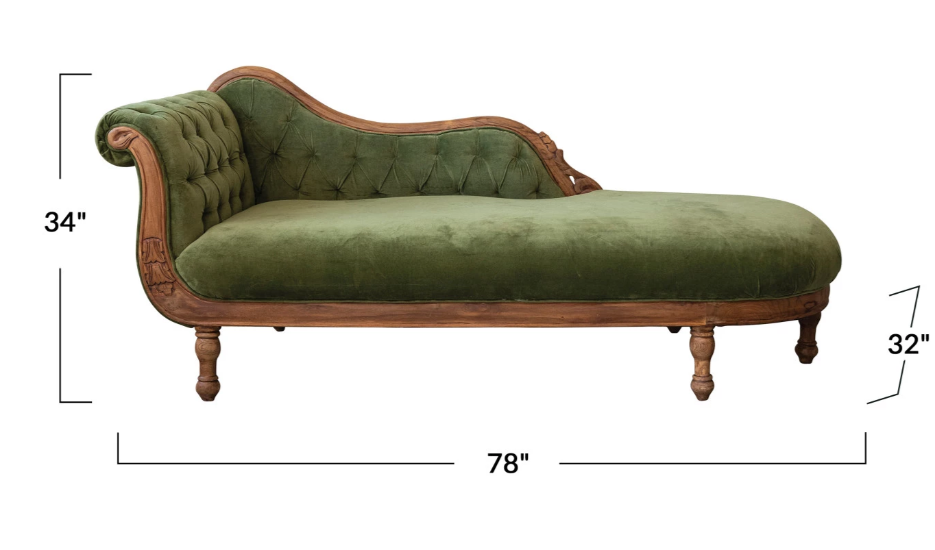 Chaise Lounge Fainting Couch Green Velvet with a Carved Wood Frame by Homeportonline