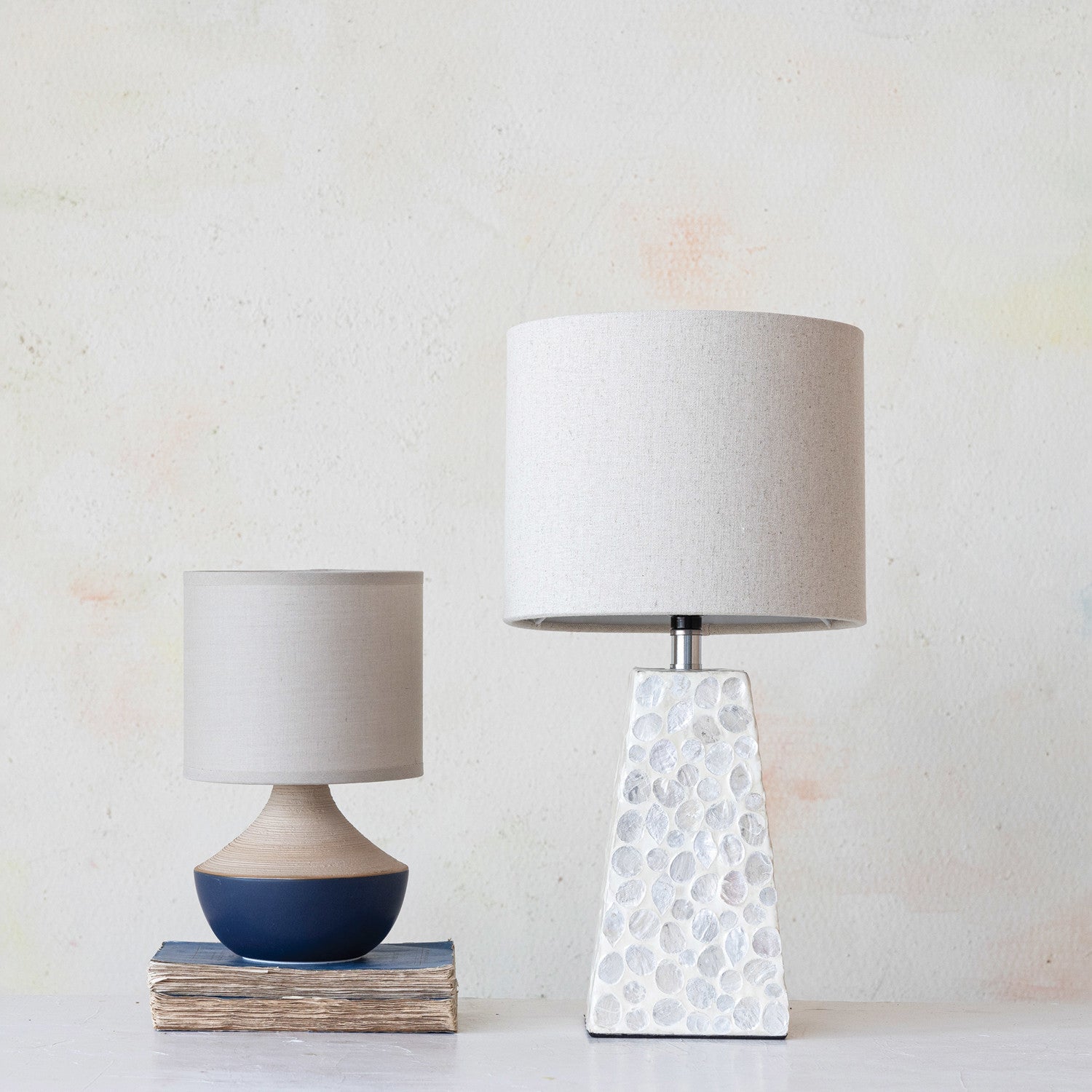 Lamp Tabletop Stoneware Linen Shade Navy & Natural by Homeportonline