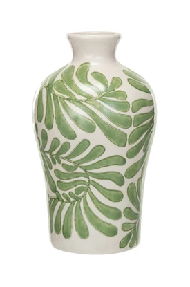 Vase Stoneware Abstract Design Green Large 6"h by Homeportonline