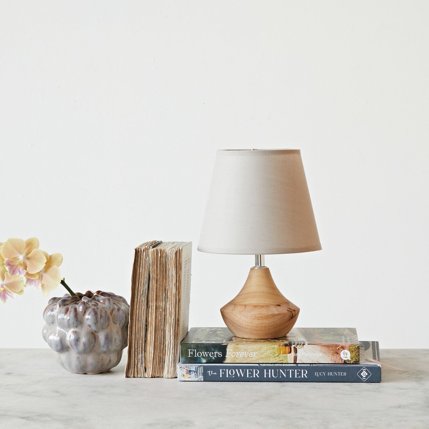 Lamp Tabletop Eucalyptus Wood with Linen Shade by Homeportonline