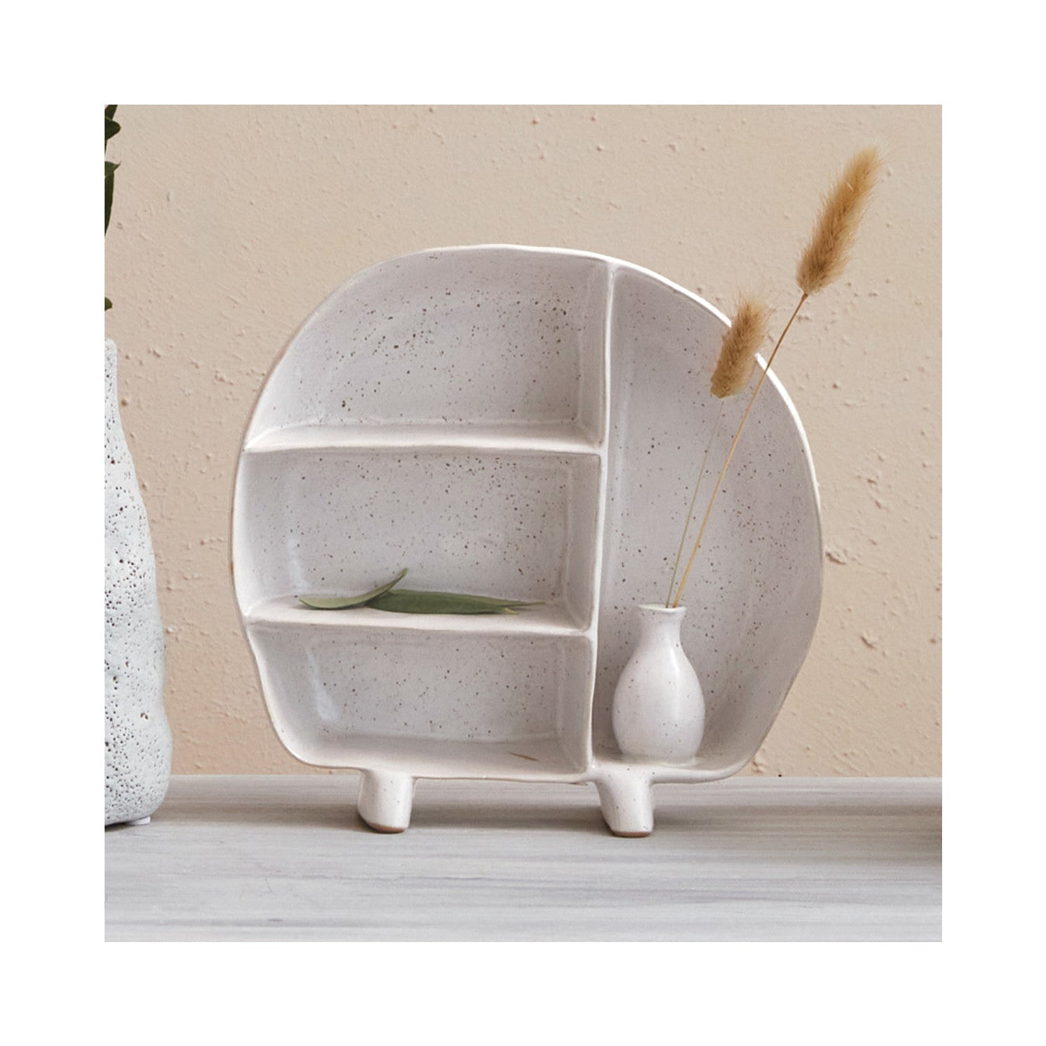 Stoneware Footed Shelf with 4 Compartments & Attached Vase by Homeportonline