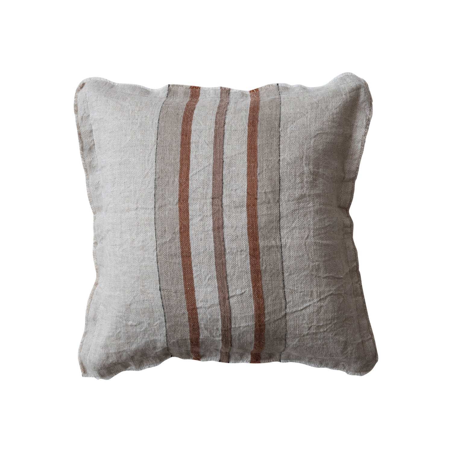 Throw Pillow Woven Linen Cotton Slub Back & Fringe with Stripes Cream Square 20" by Homeportonline