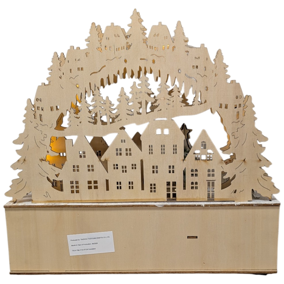 Light-Up Wooden Alpine Village Arch with Rotating Tree