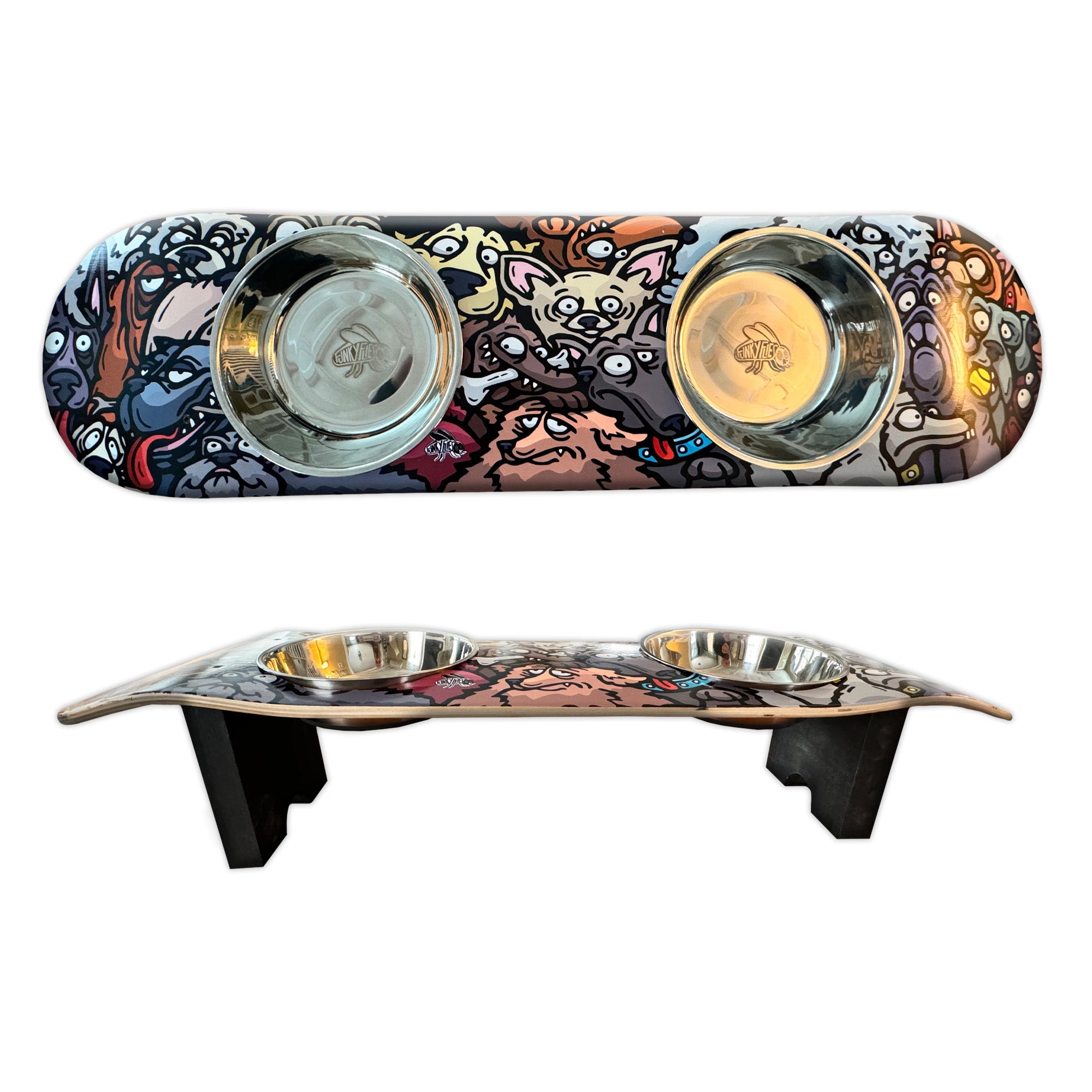 Doggy Pack - Elevated Skateboard Dog Feeding Stand with 2 Bowls