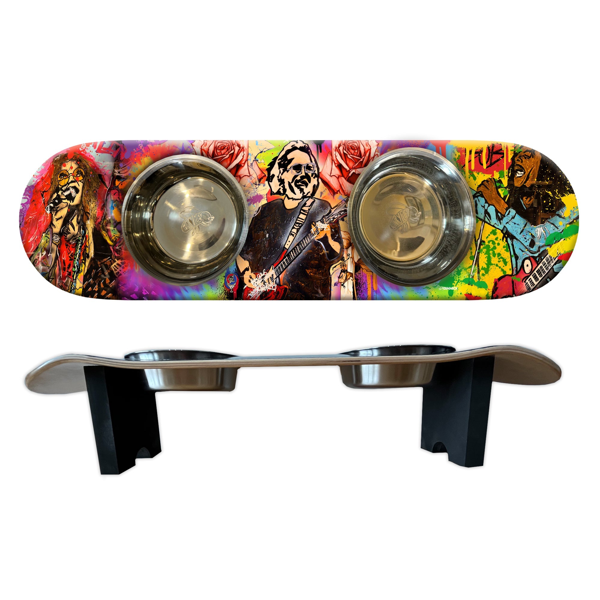 Musical Vibes - Elevated Skateboard Dog Feeding Stand with 2 Bowls