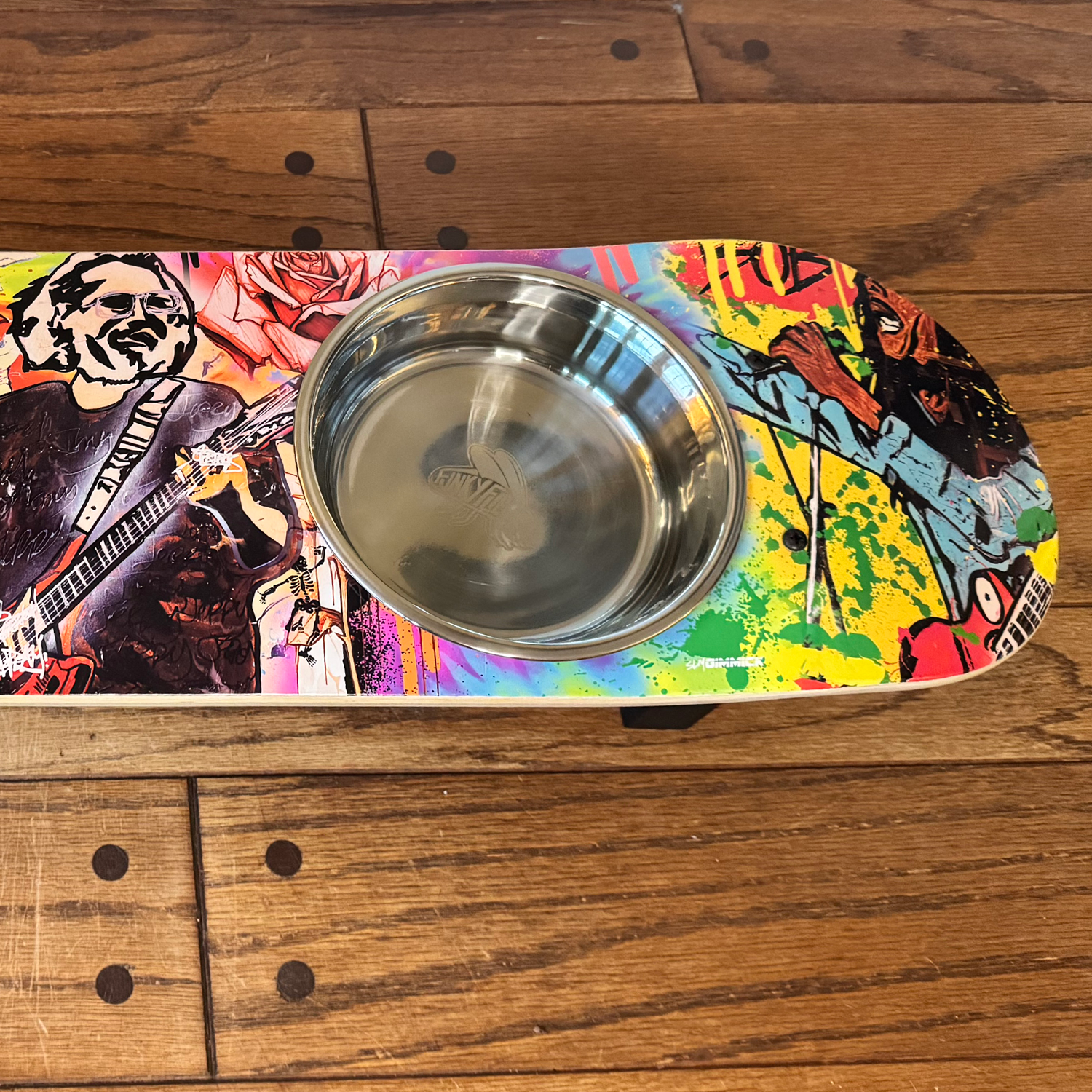 Musical Vibes - Elevated Skateboard Dog Feeding Stand with 2 Bowls