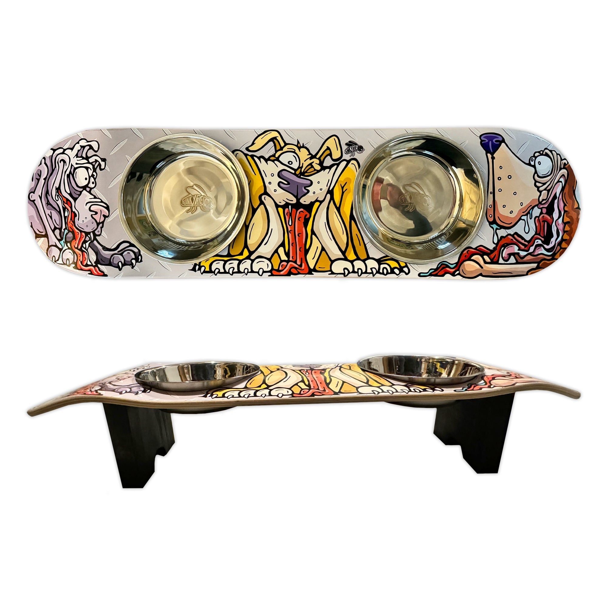 Fly Doggy - Elevated Skateboard Dog Feeding Stand with 2 Bowls