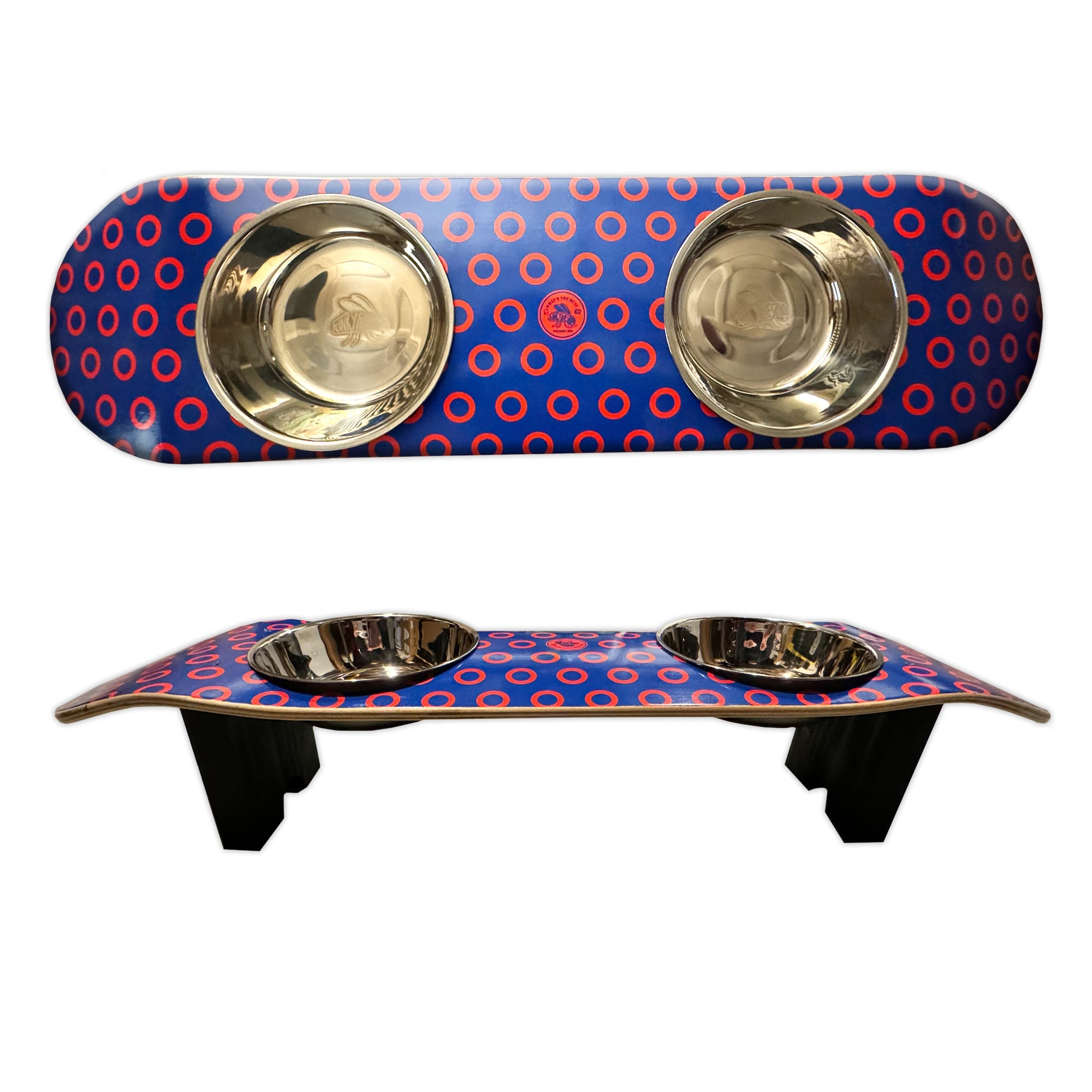 Phunky Donuts - Elevated Skateboard Dog Feeding Stand with 2 Bowls
