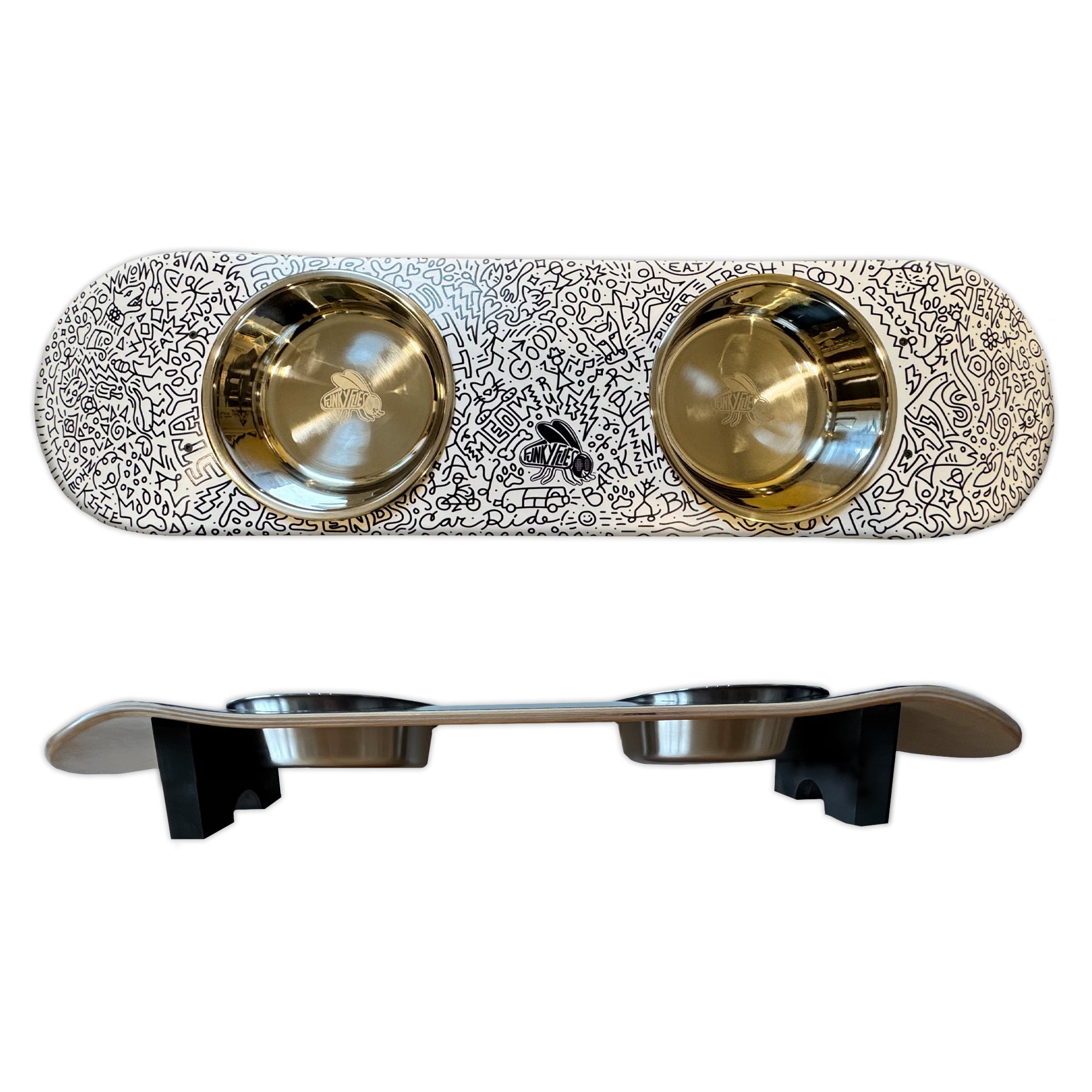 Doodles - Elevated Skateboard Cat Feeding Stand with 2 Bowls