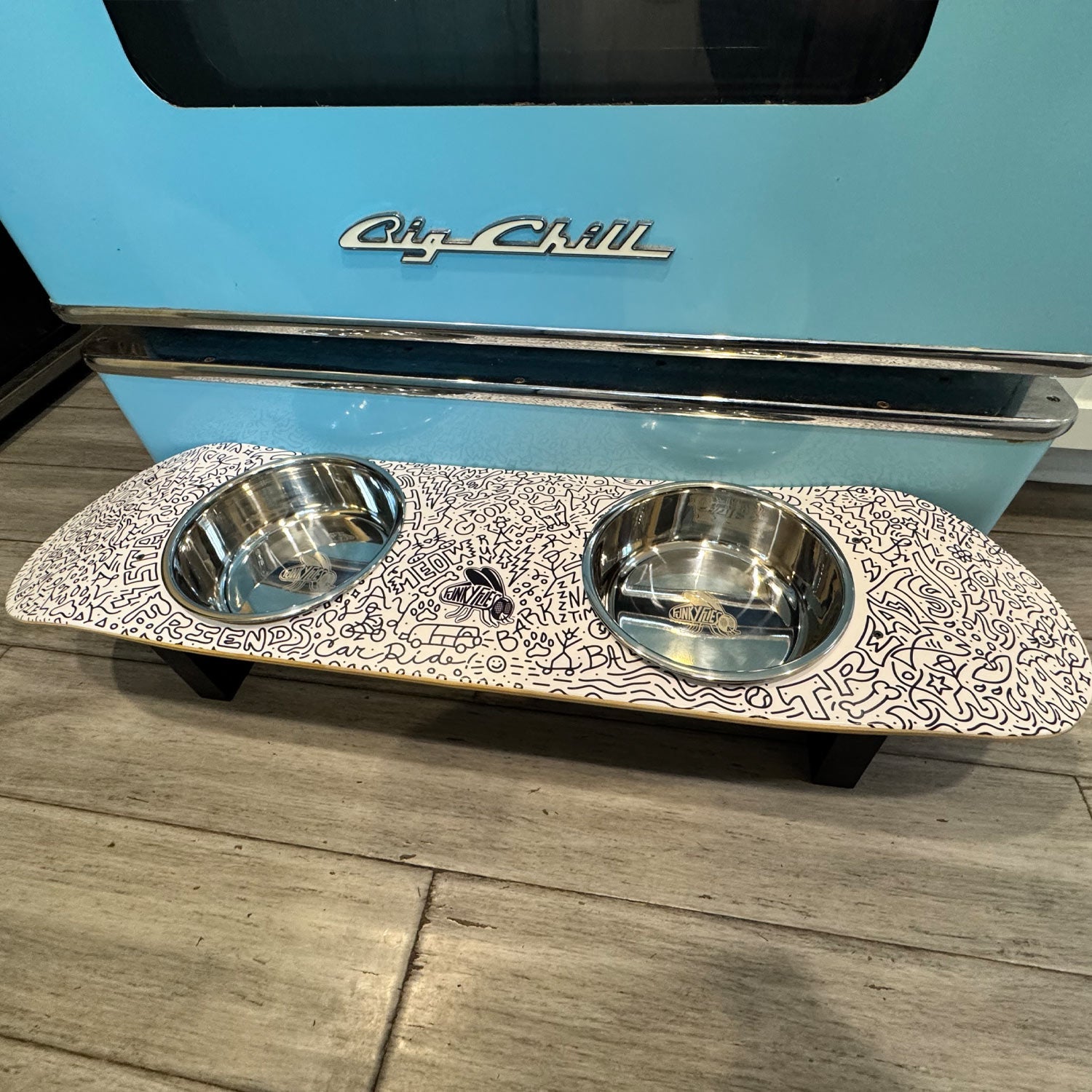 Doodles - Elevated Skateboard Dog Feeding Stand with 2 Bowls