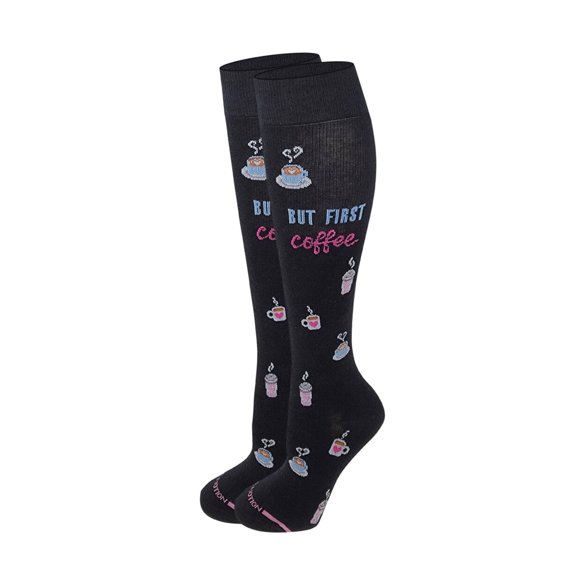 Dr. Motion Women's But First Coffee Knee High Compression Socks - Black by Lenny's Shoe & Apparel