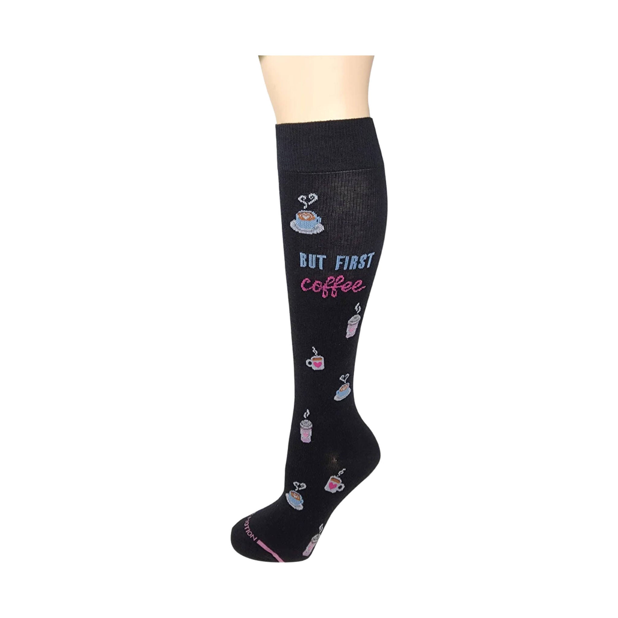 Dr. Motion Women's But First Coffee Knee High Compression Socks - Black by Lenny's Shoe & Apparel