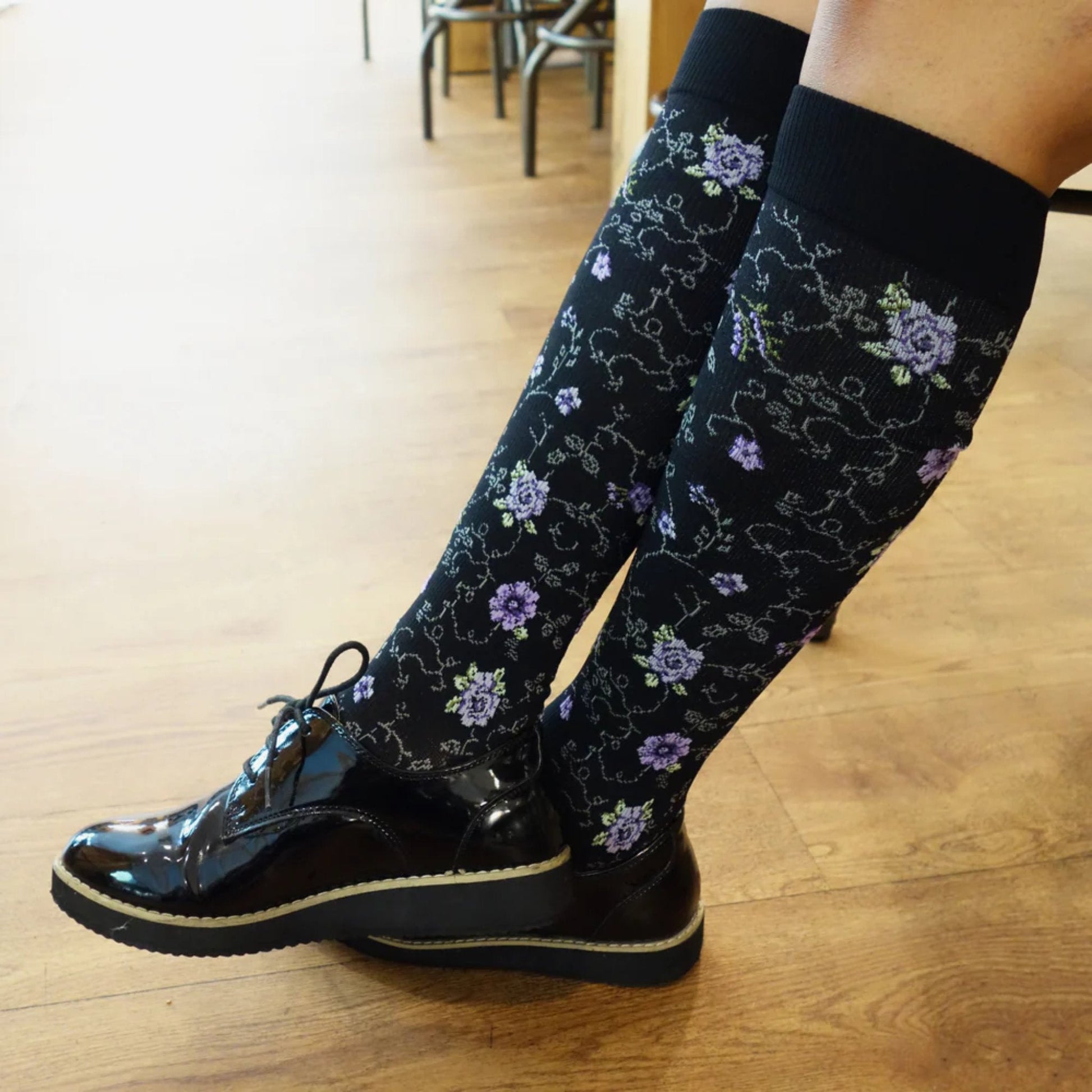 Dr. Motion Women's Pretty Floral Knee High Compression Socks - Black by Lenny's Shoe & Apparel