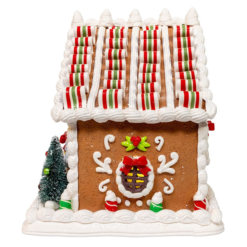 Lighted Gingerbread House With Ribbon Candy Roof - 9 Inch