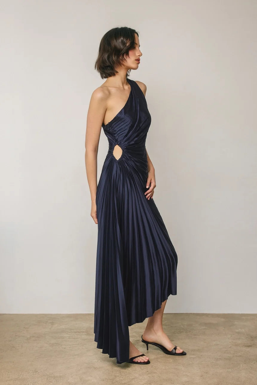 Dress Forum Satin One Shoulder Asymmetrical Pleated Dress