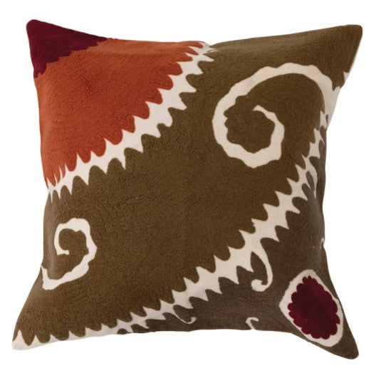 Pillow Suzani Embroidery Cotton Sage, Rust & Burgundy 18" Square by Homeportonline