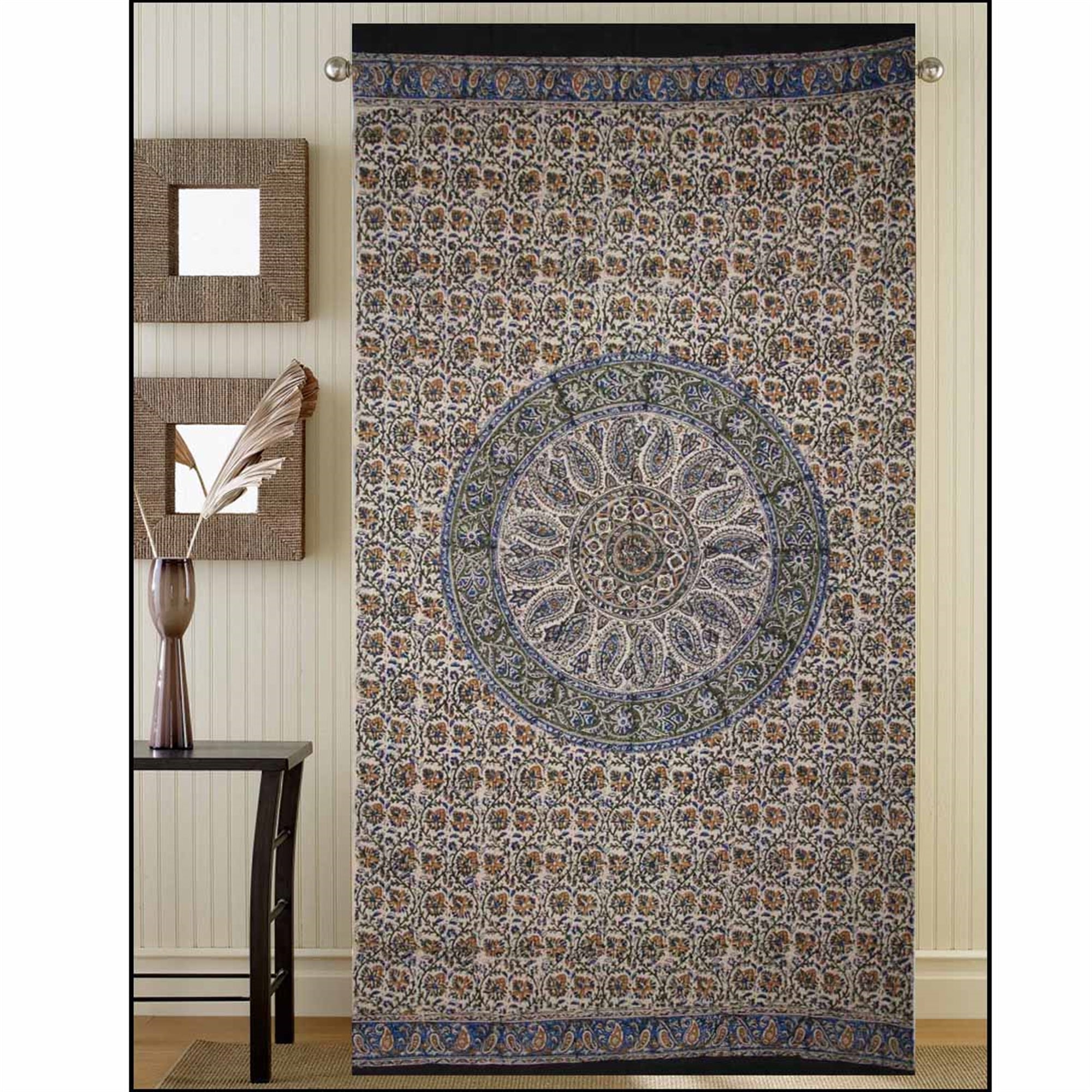 Window Panel Circle Kalamkari Blue Gold by Homeportonline