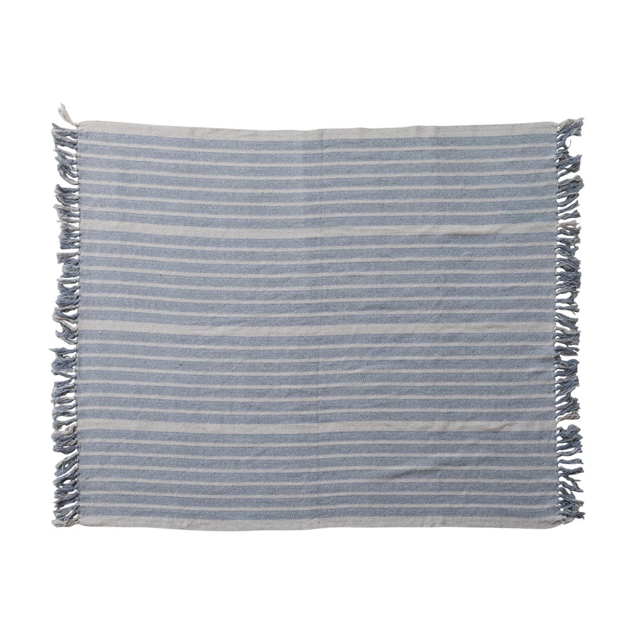 Blanket Throw Woven Recycled Cotton w/ Stripes Blue & Natural 60"L x 50"W by Homeportonline