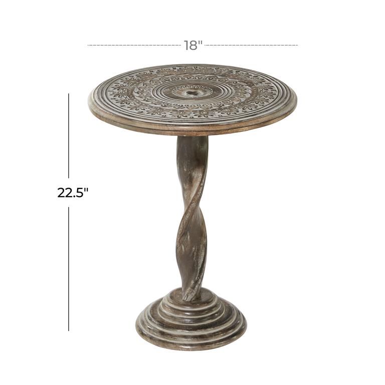 Table Wood Carved Floral Medallion Twisted Pedestal Base by Homeportonline
