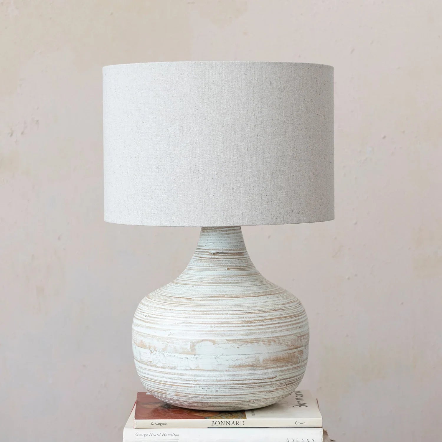 Lamp Tabletop Bamboo Whitewashed With Linen Shade 14" Round x 21-1/4"H by Homeportonline