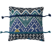 Pillow Woven Cotton & Wool Kilim w/ Braided Tassels Blues and Teals 27" Square by Homeportonline