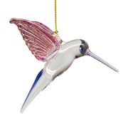 Feeding Hummingbird glass Ornament - Pink Wings / Blue Tail / Blue Beak