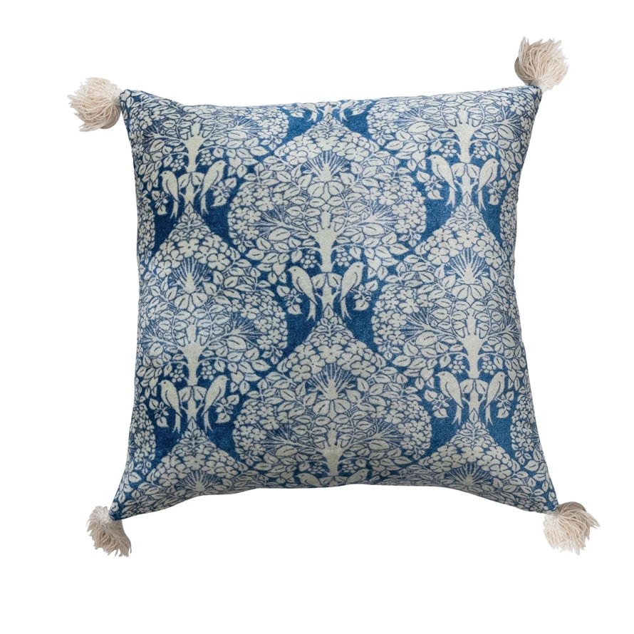 Pillow Printed Blue Velvet Birds and Trees w/ Tassels 18" Square by Homeportonline