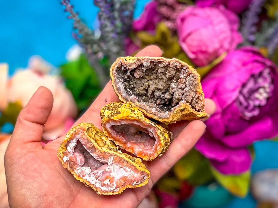 Pink and Red Raw Chalcedony Geodes