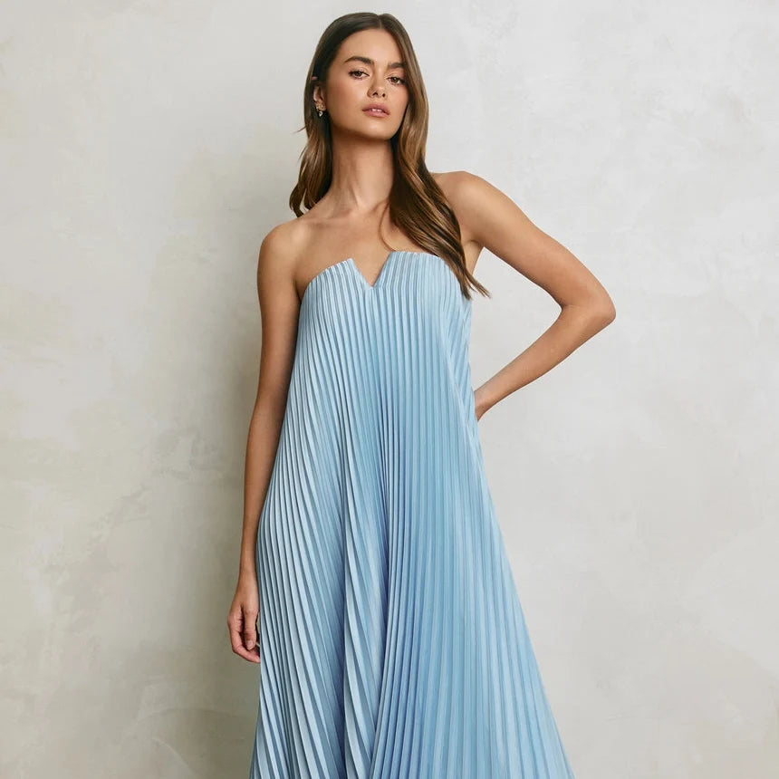 Dress Forum Satin Strapless Pleated Maxi Column Dress