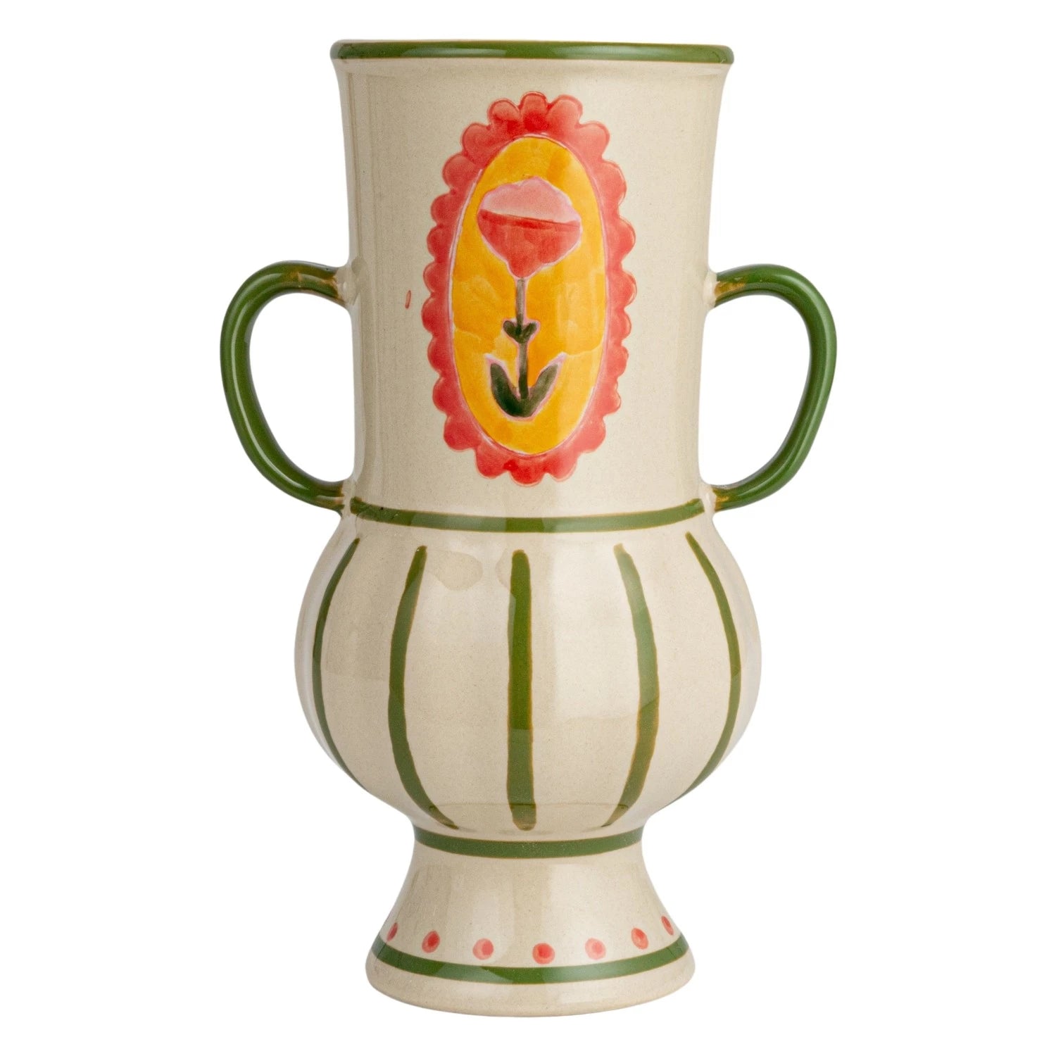Vase Stoneware Flower & Stripes with Handles 8"h by Homeportonline