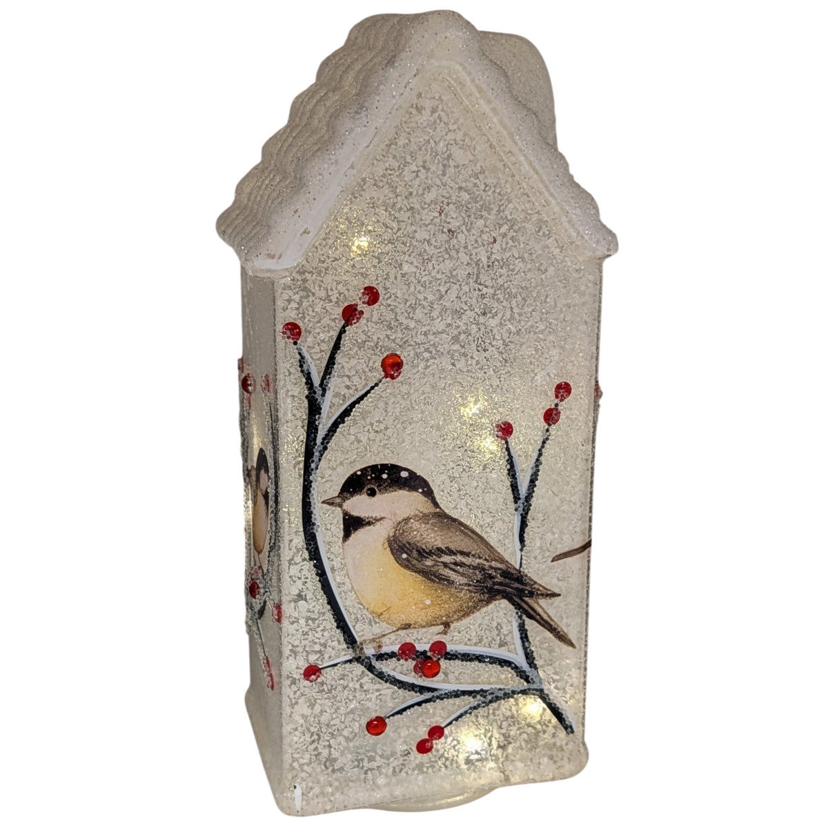 Lighted Glass Chickadee House Luminary