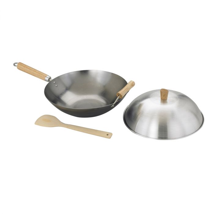 Wok - 13.5" Carbon Steel Fkat Bottom w/Bamboo Handle, 4 Piece Set (Lid, Wok, Spatula, & Cookbook) by Homeportonline