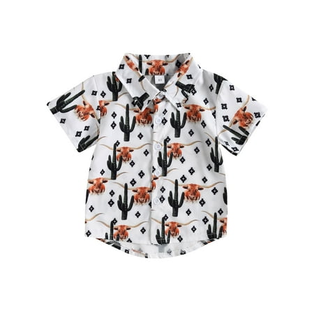 Toddler Baby Boy Western Clothes Cow Print Button Up Shirts Lapel Short Sleeve Dress Shirt Cowboy Summer Tee Tops