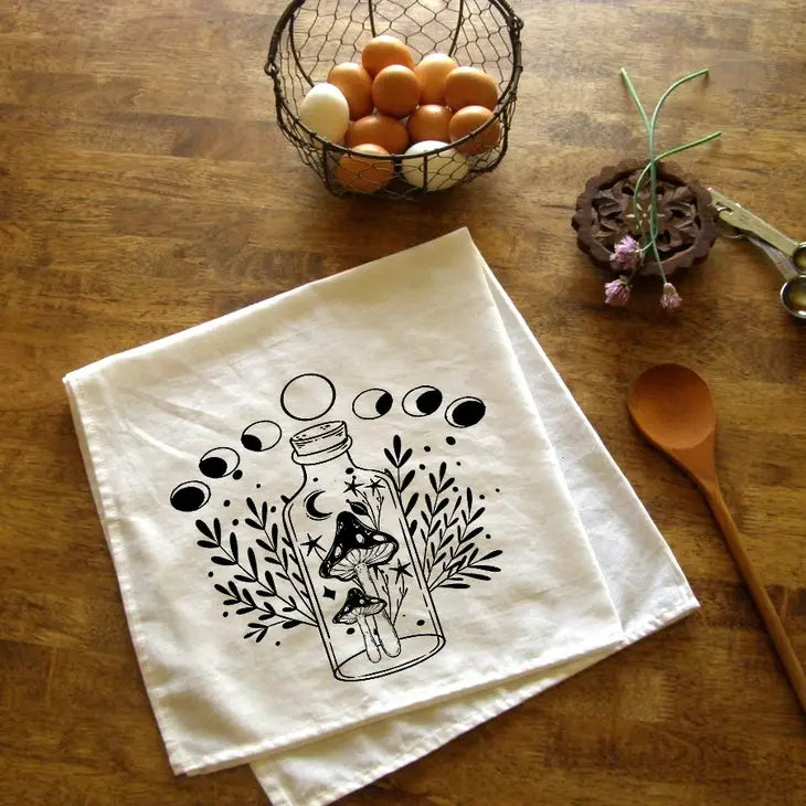 Mushroom Magic Botanical Witchy Moon Phase Kitchen Tea Towel