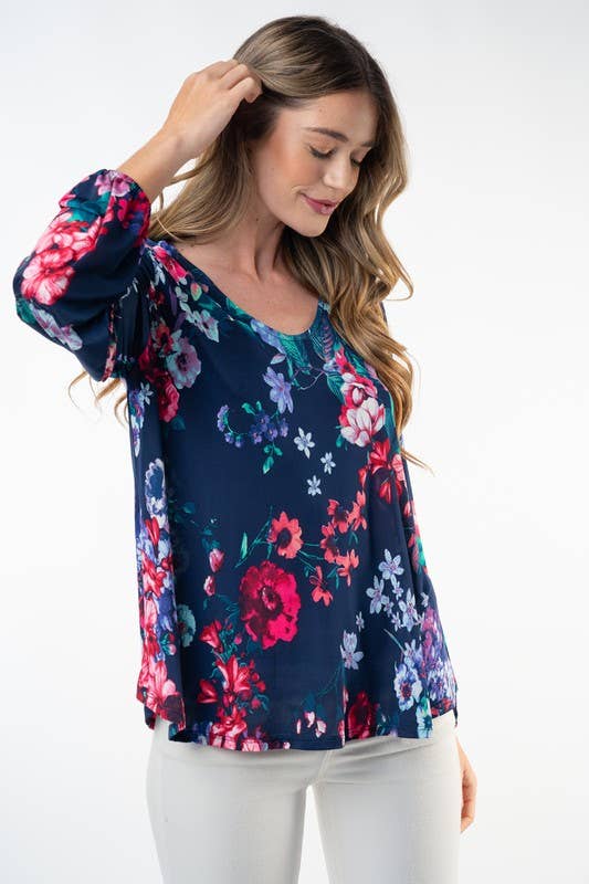 Navy Long Sleeve Floral Print Knit Top by SidePony Boutique