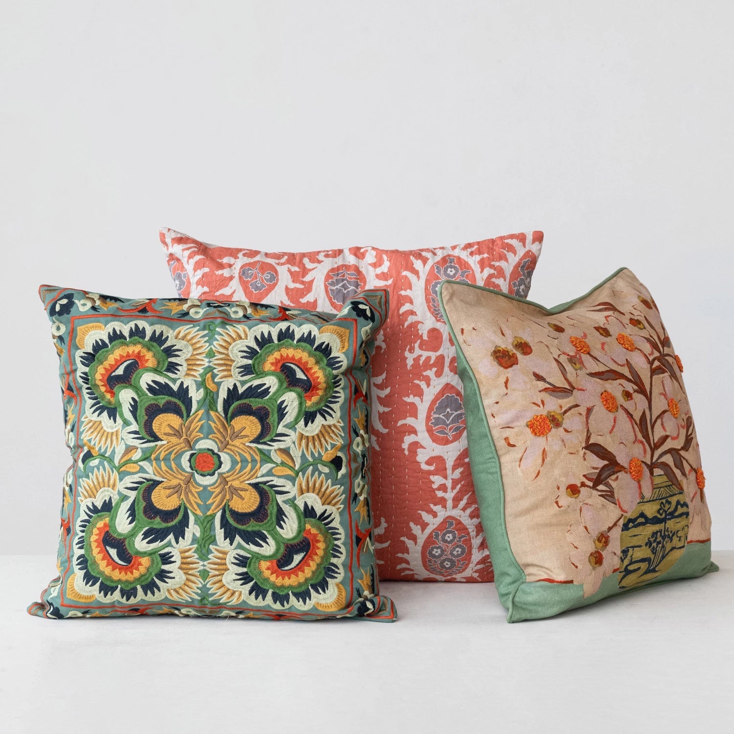 Pillow Cotton Embroidered Pattern Green 18" Square by Homeportonline