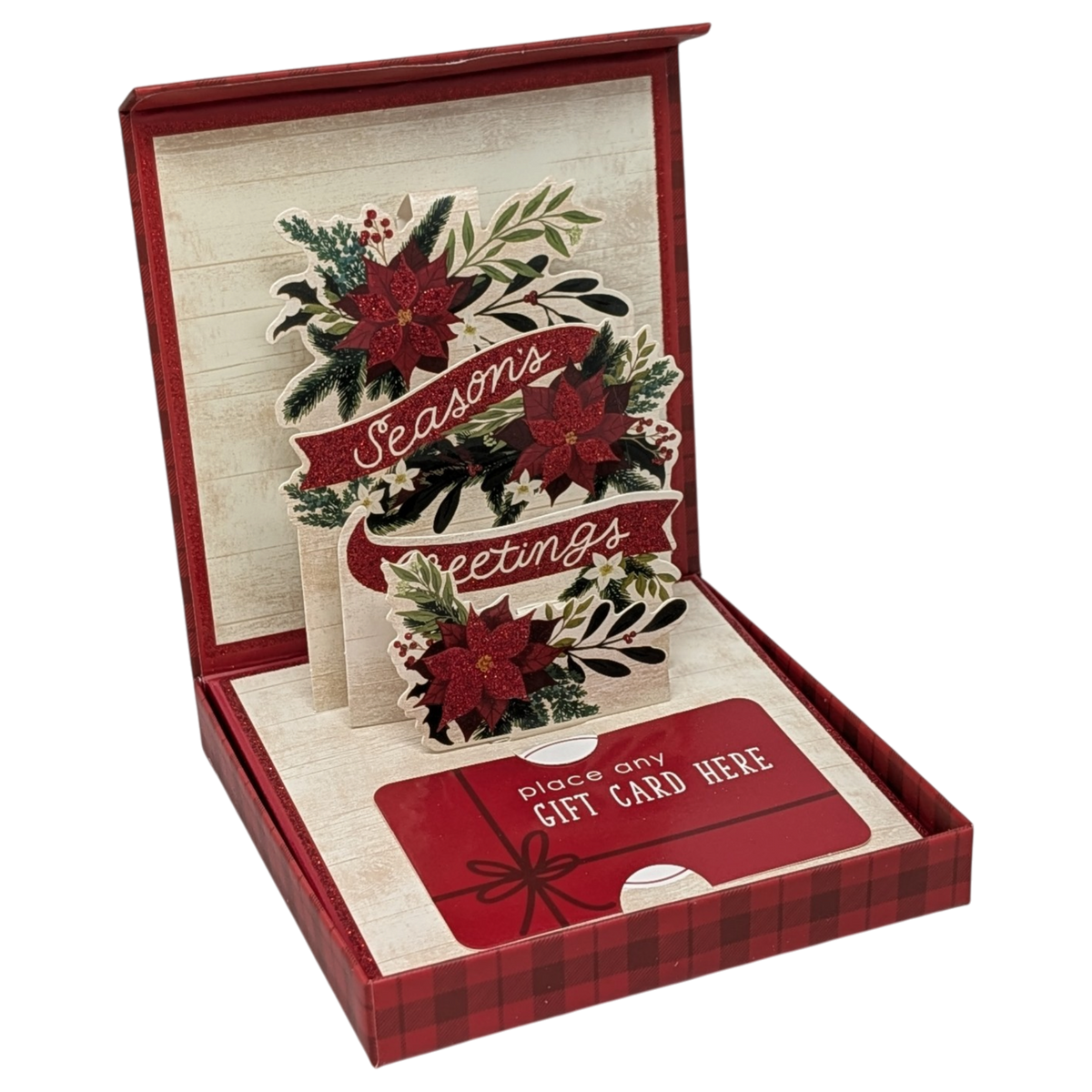 Pop-Up Gift Card Box (Red Plaid & Glitter Poinsettia)