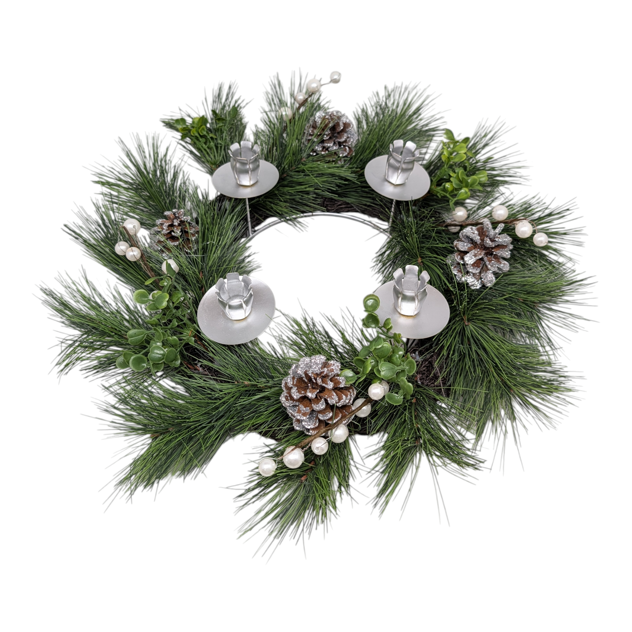 14 Inch Silver Advent Wreath With Pine