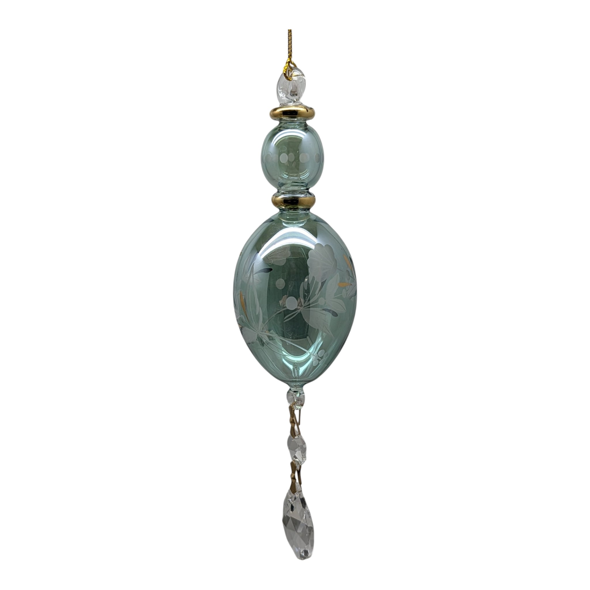 Sage Green Elongated Perfume Bottle Ornament with Crystal Dangles