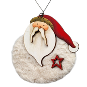 Fuzzy Wooden Santa Ornament - 4 Inches