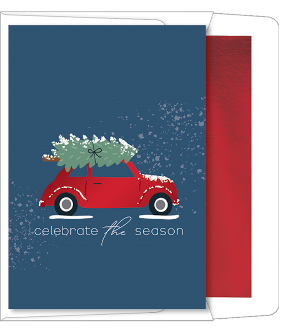 Foil Accented Embossed Cards (Vintage Car with Christmas Tree)