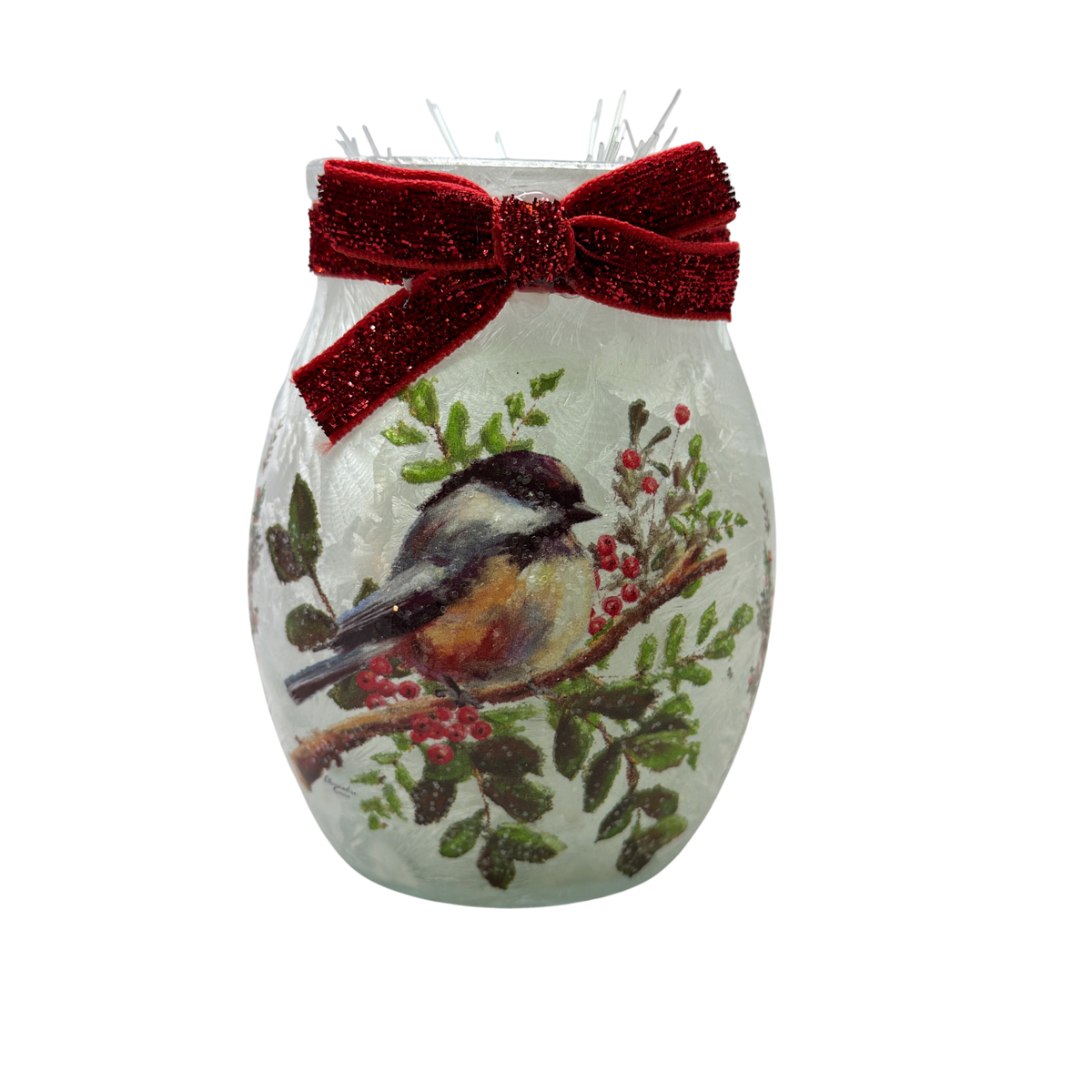 Chickadee Lighted Vase - Red Ribbon