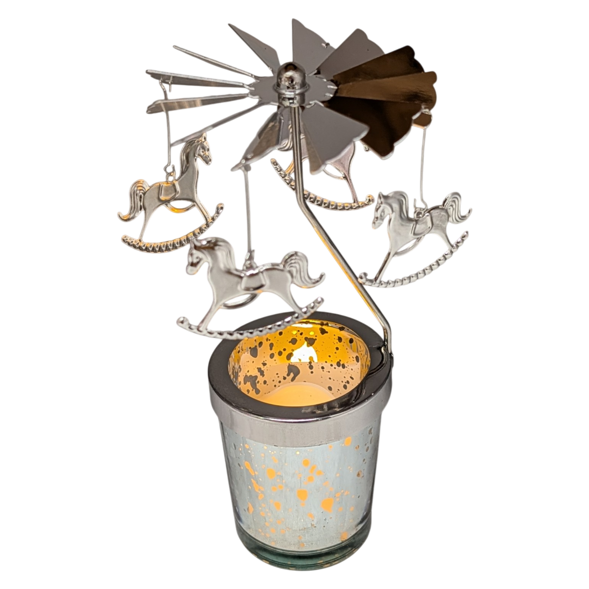 Starry Sky Rotating Candle Holder - Silver with Rocking Horse Dangles