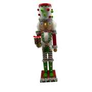 Red White and Green Nutcracker With Polka Dot Pom Pom Hat