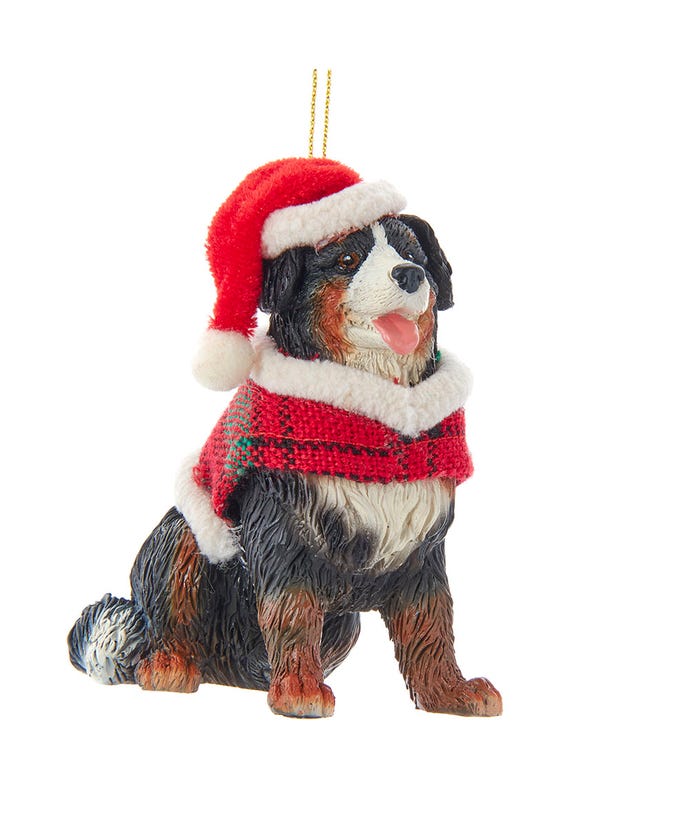Bernese Mountain Dog With Plaid Coat and Santa Hat Ornament